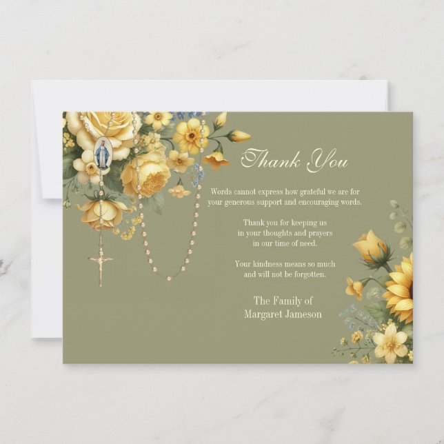Catholic Floral Rosary Funeral Condolence Sympathy Thank You Card (Front)