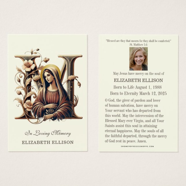 Catholic Funeral Memorial Blessed Mary Prayer Card (Front & Back)