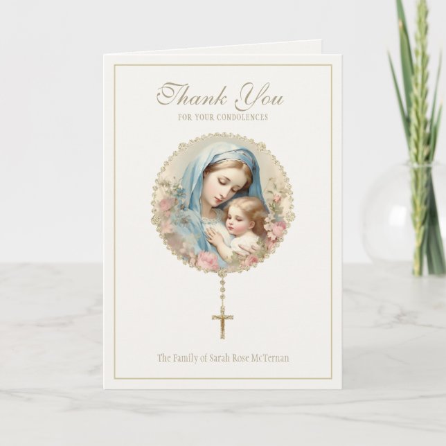 Catholic Funeral Memorial Mother Mary Jesus Floral Thank You Card (Front)