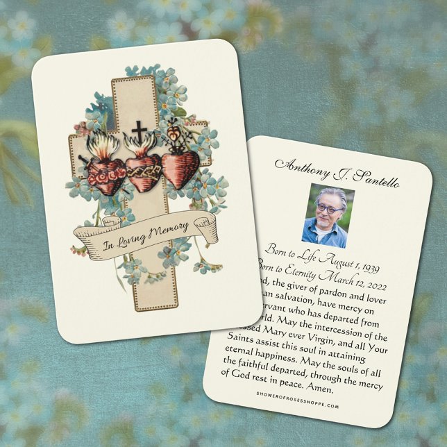 Catholic Funeral Memorial Prayer Holy Card (Traditional Catholic Three Hearts of Jesus, Mary, & Joseph Funeral prayer cards)