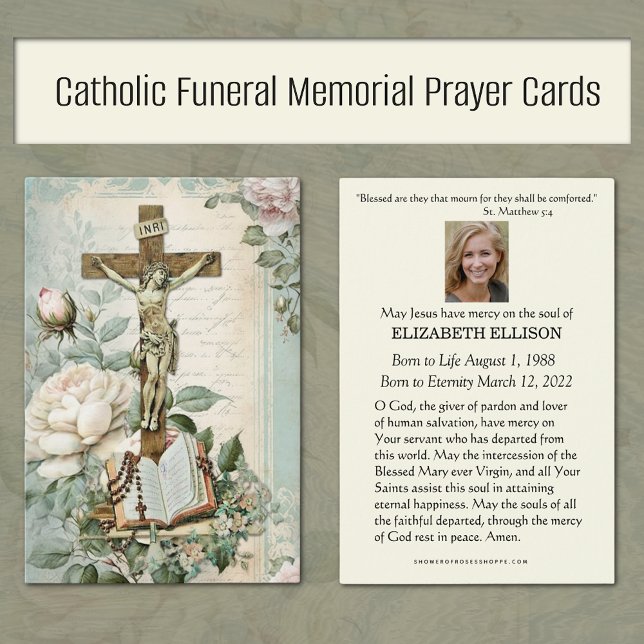 Catholic Funeral Memorial Scripture Prayer Card (Vintage Catholic Funeral Memorial Prayer Cards with Crucified and Roses)