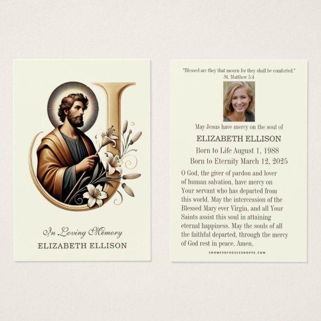 Catholic Funeral Memorial St. Joseph Prayer Card (Front & Back)