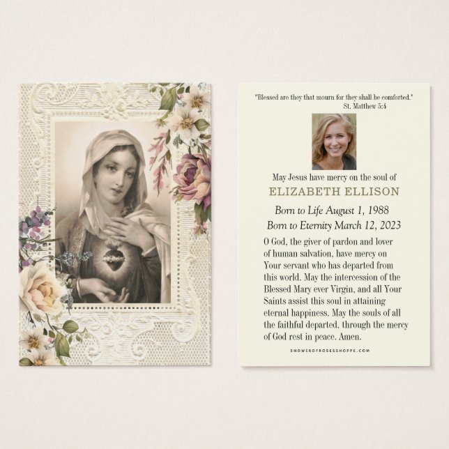 Catholic Funeral Prayer Card Floral Virgin Mary (Front & Back)