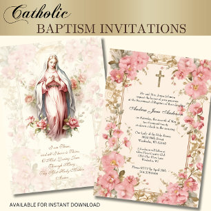 Catholic Girl Baptism Christening Blessed Mother Invitation