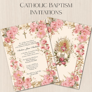 Catholic Girl Baptism Christening Pink Floral Invitation
