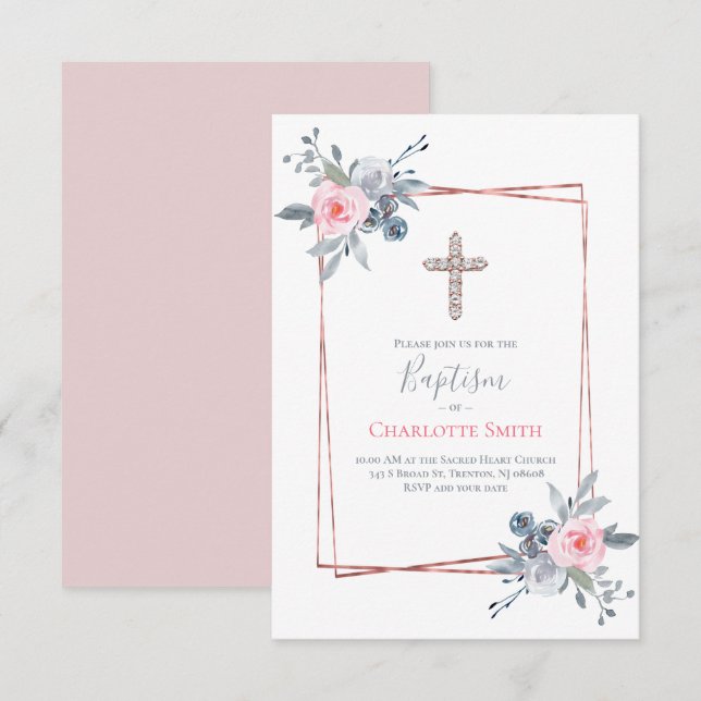 Catholic girl Baptism floral frame design Invitation (Front/Back)