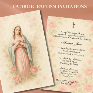 Catholic Girl Baptism Mother Mary Pink Roses Invitation
