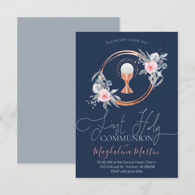 catholic girl first communion floral circle invitation (Front/Back)