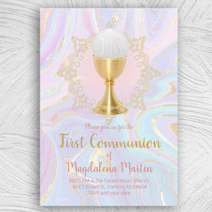 catholic girl first communion fluid marble decor invitation