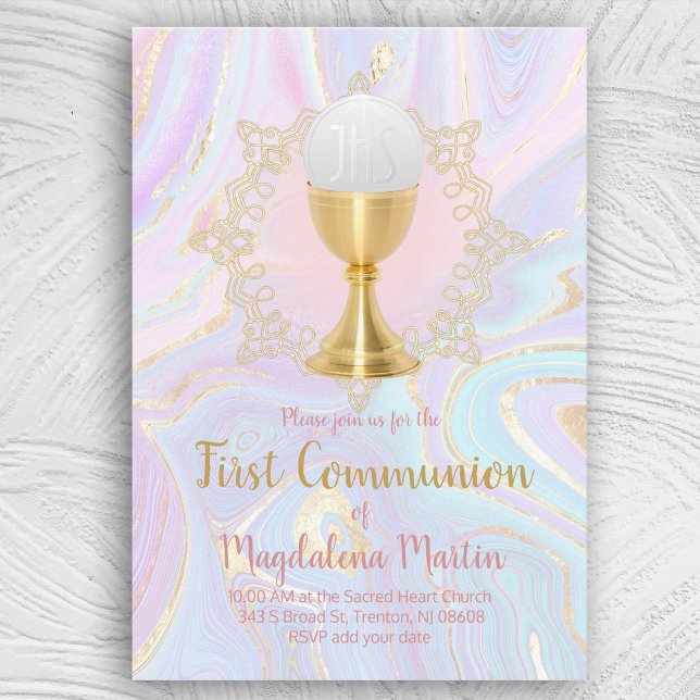 catholic girl first communion fluid marble decor invitation (Creator Uploaded)