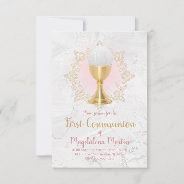 catholic girl first communion grey pink design invitation (Front)