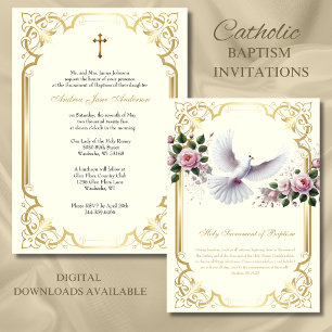 Catholic Gold Baptism Pink Roses Christening  Invitation