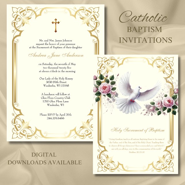  Catholic Gold Baptism Pink Roses Christening  Invitation (Creator Uploaded)
