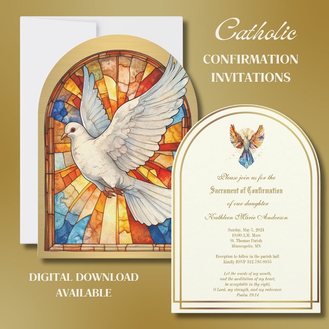  Catholic Gold Confirmation Dove Stained Glass Invitation (Creator Uploaded)