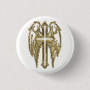 catholic-gold cross white 3 cm round badge