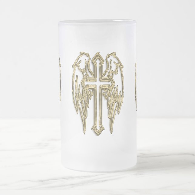 catholic-gold cross white frosted glass beer mug (Center)