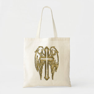 catholic-gold cross white tote bag