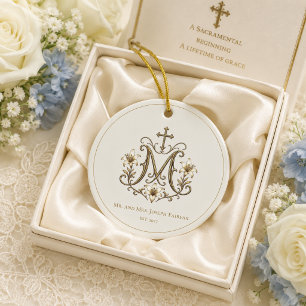 Catholic Gold Marian Cross Monogram Ceramic Tree Decoration