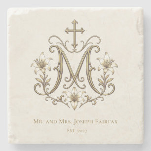 Catholic Gold Marian Cross Monogram Stone Coaster