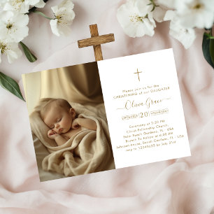 Catholic Gold Script Gender Neutral Photo Baptism Invitation