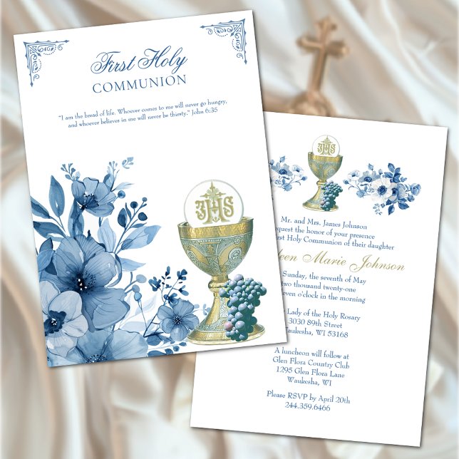 Catholic Holy Communion Dusty Blue Floral Invitation (EASY TO PERSONALIZE!)