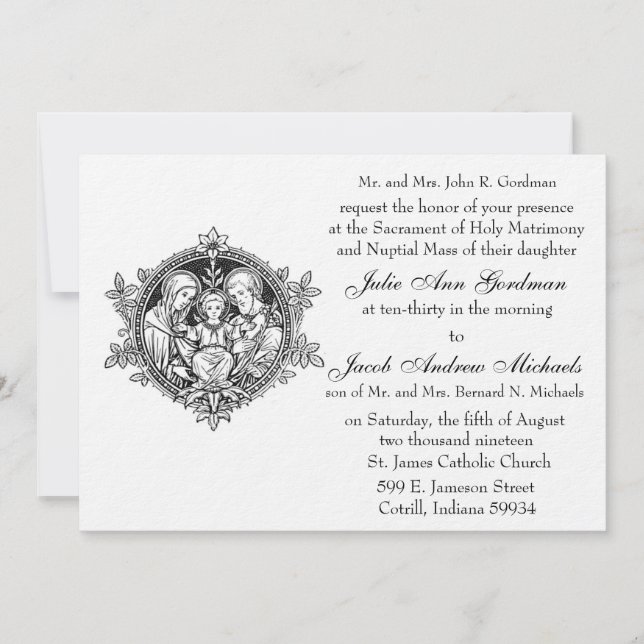 Catholic Holy Family Black and White Wedding Invitation (Front)