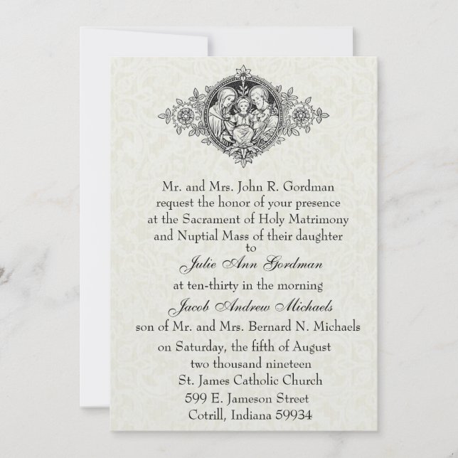Catholic Holy Family Black and White Wedding Invitation (Front)