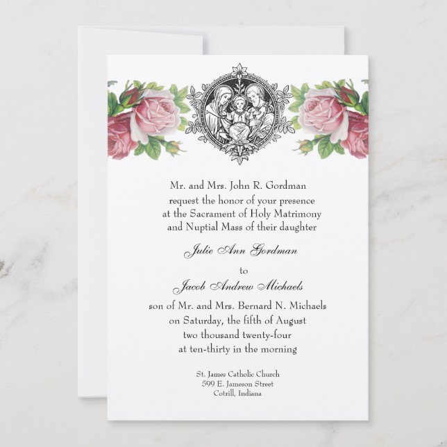 Catholic Holy Family Pink Roses Floral  Wedding Invitation (Front)
