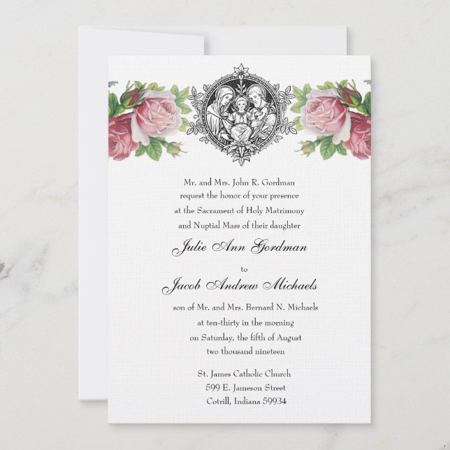 Catholic Holy Family Pink Roses Floral  Wedding Invitation (Front)