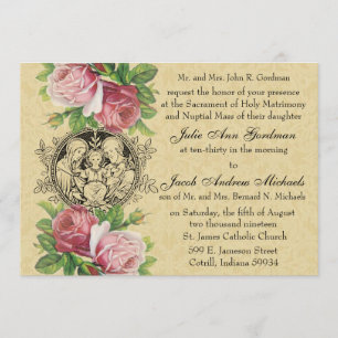 Catholic Holy Family Pink Roses Wedding Invitation