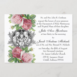 Catholic Holy Family Pink Roses Wedding Invitation
