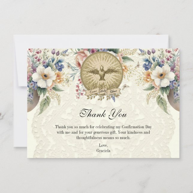 Catholic Holy Spirit Confirmation Floral Thank You Card (Front)