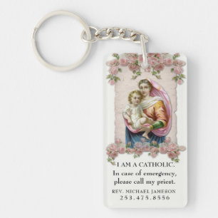 Catholic ID Virgin Mary Baby Jesus Pink Roses Key Ring