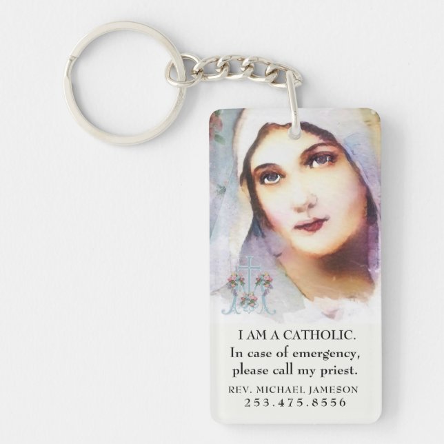 Catholic ID Virgin Mary Vintage Pink Roses Key Ring (Front)