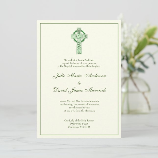 Catholic Irish Celtic Cross Green Ivory  Invitation (Standing Front)