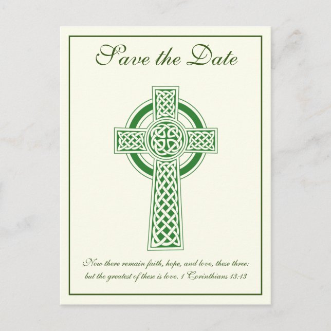 Catholic Ivory Green Celtic Cross Wedding Announcement Postcard (Front)