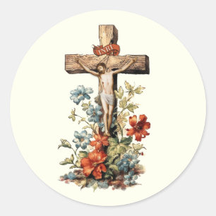 Catholic Jesus Crucifixion Floral Cross Classic Round Sticker