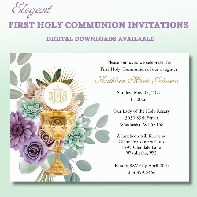 Catholic Jesus First Communion Floral Invitations (Creator Uploaded)