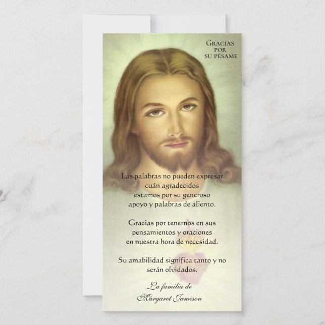 Catholic Jesus Funeral Condolence Spanish Thank You Card (Front)