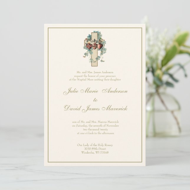 Catholic Jesus Mary Joseph Floral  Wedding Invitation (Standing Front)