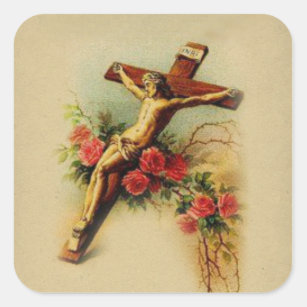 Catholic Jesus on Crucifix Roses Square Sticker