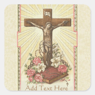 Catholic Jesus on the Crucifix Floral Square Sticker