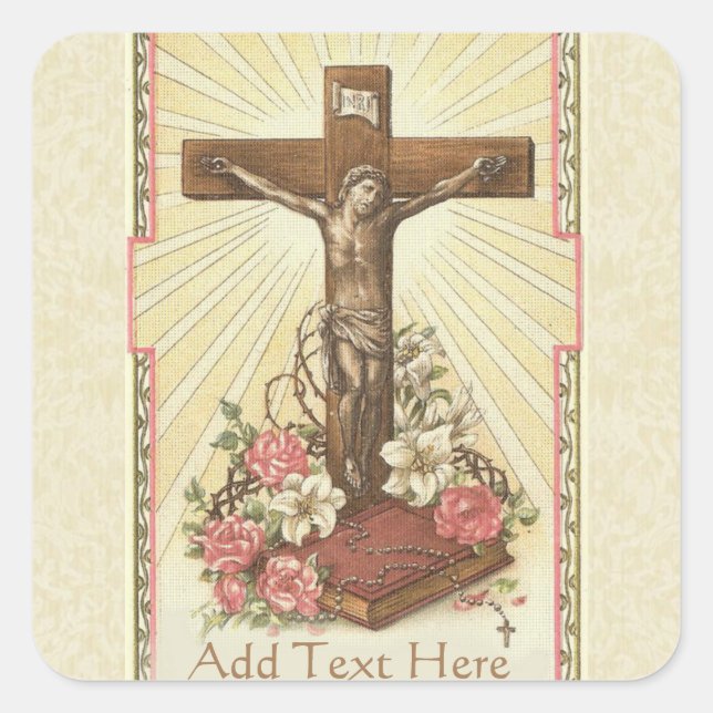 Catholic Jesus on the Crucifix Floral Square Sticker (Front)