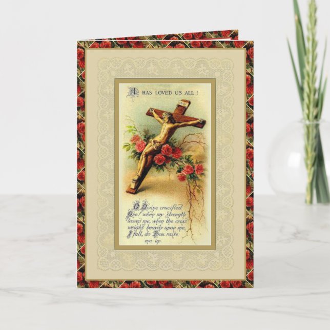 Catholic Lenten Crucifix Roses Prayer Vintage Holiday Card (Front)