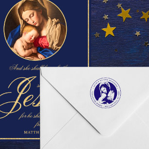 Catholic Madonna and Child Blue Return Address Self-inking Stamp