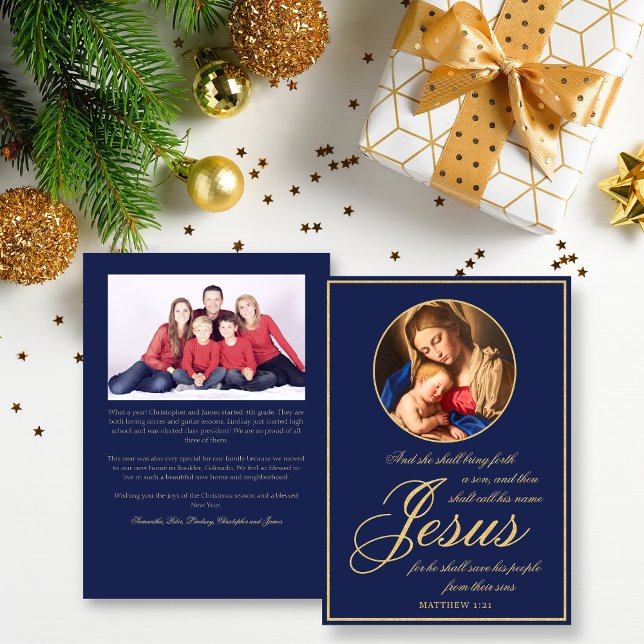 Catholic Madonna & Child Family Photo Christmas Holiday Card (Religious Christmas card for Catholics with Madonna and Child in midnight blue and gold)
