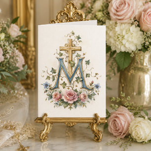 Catholic Marian Cross Floral Scripture Monogram Thank You Card