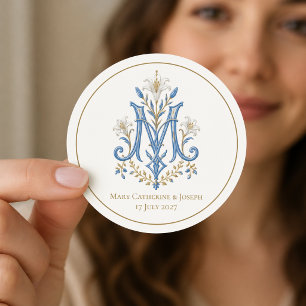 Catholic Marian Cross Monogram with Lilies Classic Round Sticker