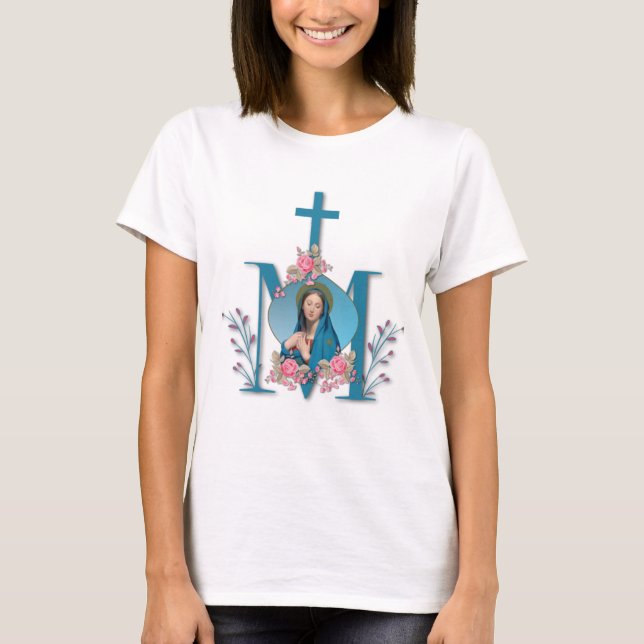 Catholic Marian Cross Virgin Mary Pink Roses T-Shirt (Front)