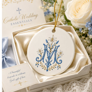 Catholic Marian Monogram Blue Floral Ceramic Tree Decoration